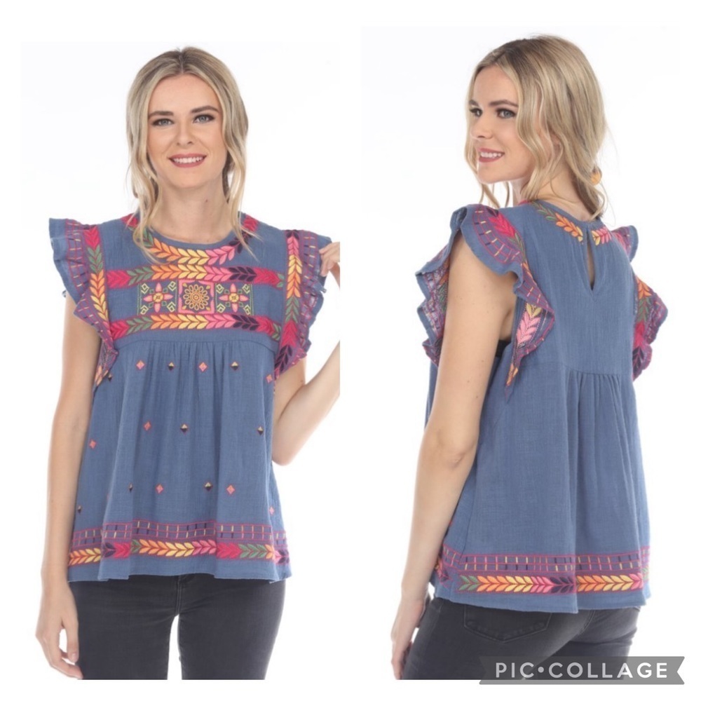 ARC NC / Blue with Multicolored Embroidery Flutter Sleeve Top Linen Blend Size M